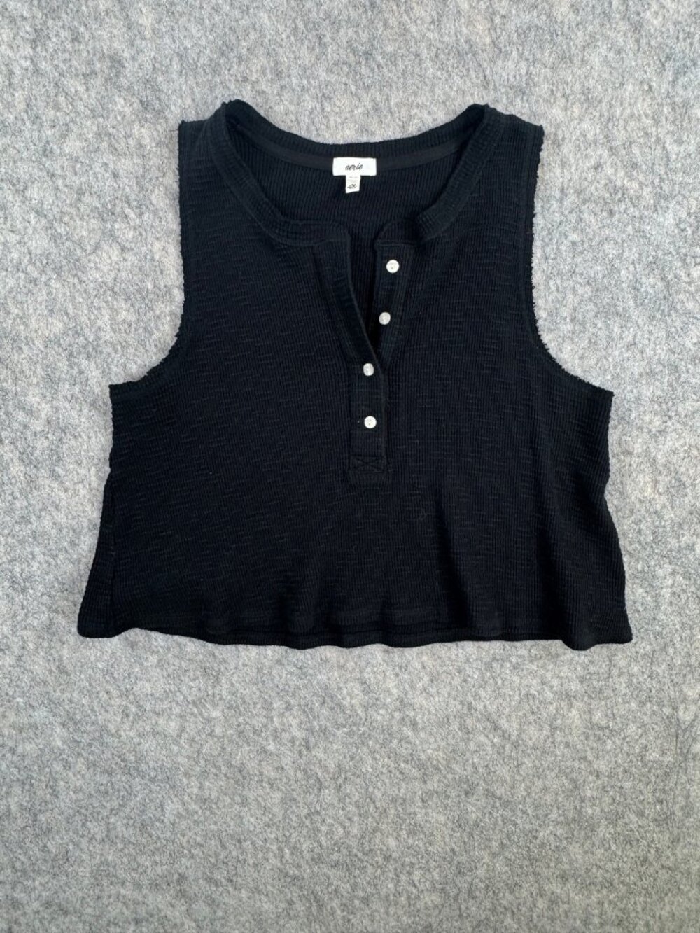 Aerie Black Crop Tank Top Henley Sz M Waffle Knit